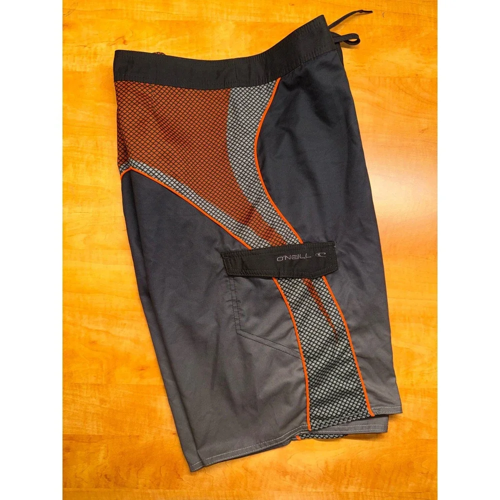 ONeill Mens Board Shorts Size 38 Grey Orange Ombre Cargo Pocket Swim‎ Trunks